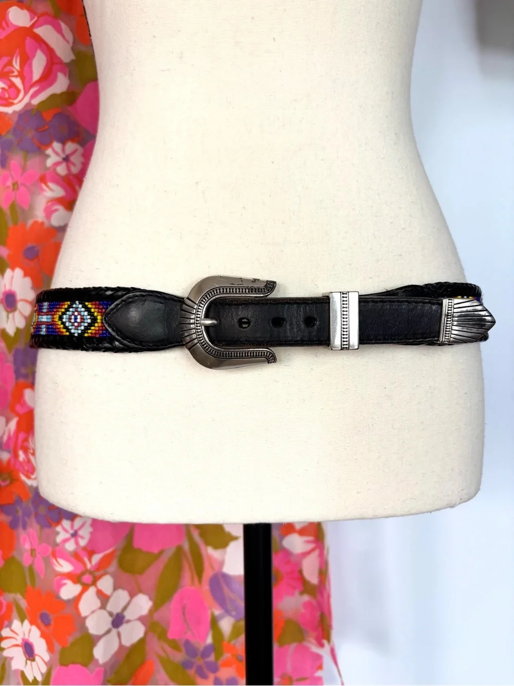 Brighton 1991 Beaded Aztec Southwest Black Braided Leather Belt Silver Buckle M‎